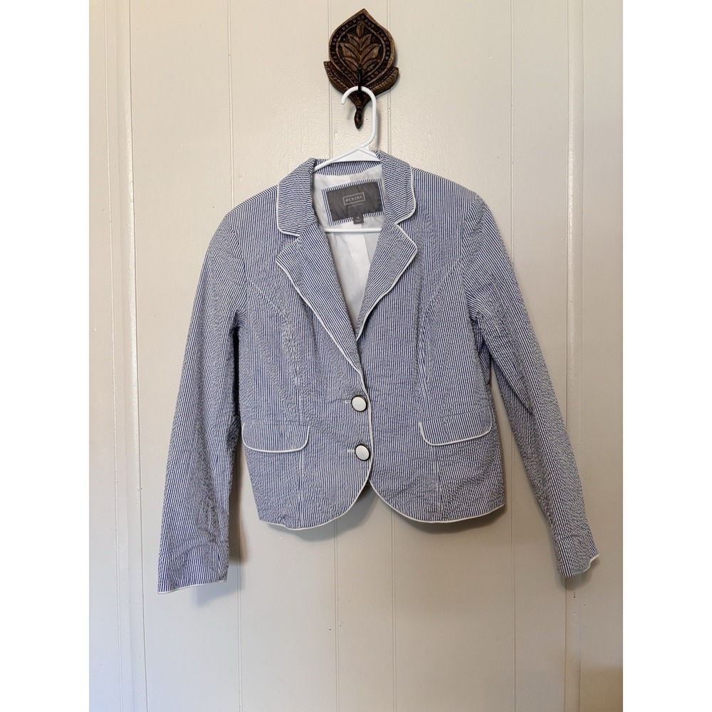 Merona Seersucker Cropped Blazer Jacket Women's 16‎ Blue And White Y2K Classy